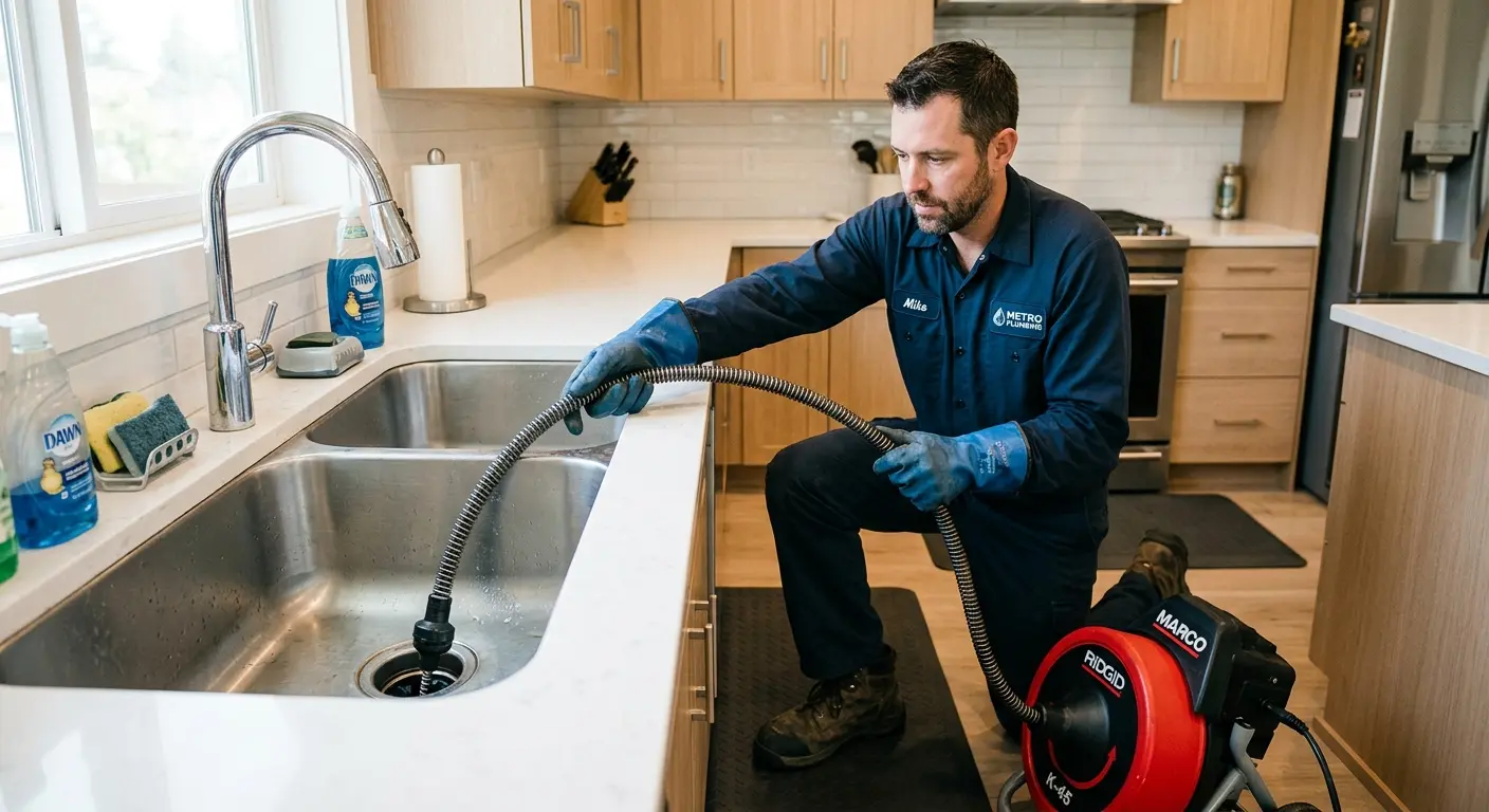 Drain cleaning technician using a motorized snake on a kitchen sink in Westwego