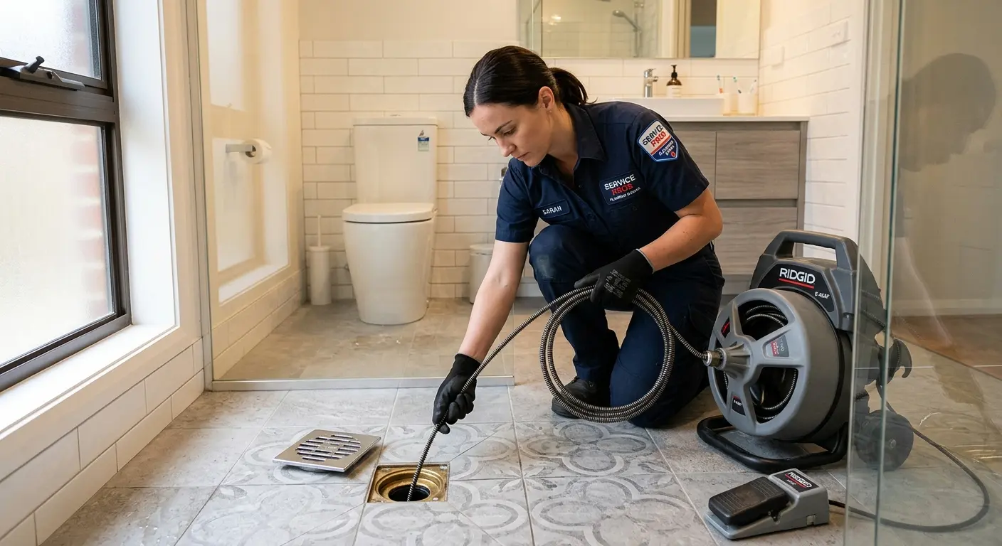 Technician clearing a bathroom floor drain for Hydro Jetting in Westwego